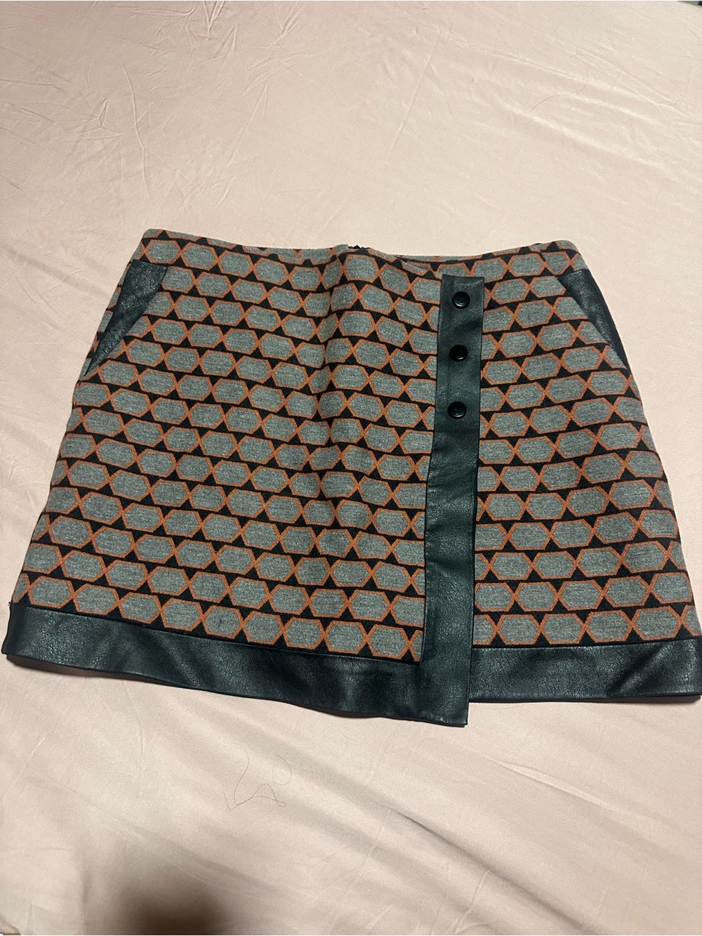 Karen Millen Geometric Mini Skirt in Gray & Rust with Faux Leather Trim